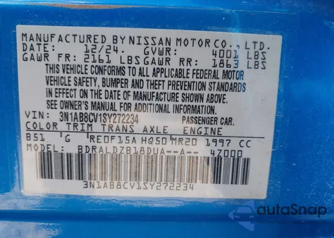 2025 Nissan Sentra Sv from USA, damaged, VIN 3N1AB8CV1SY272234